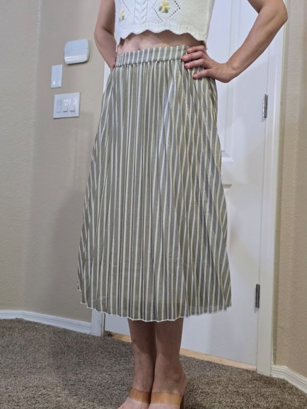 BNWT GREY LAB Striped Metallic Pleated Midi Skirt In Gold Size M